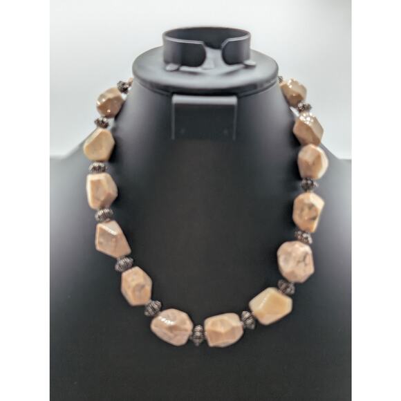 Signed JRI USA 925  Sterling Silver Tan Agate Beaded Necklace 20" - 114.0g - Picture 1 of 9